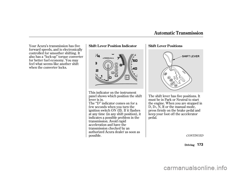 Acura RSX 2002 User Guide The shift lever has five positions. It
must be in Park or Neutral to start
the engine. When you are stopped in
D, D , N, R or the manual mode,
press firmly on the brake pedal and
keep your f oot of f 