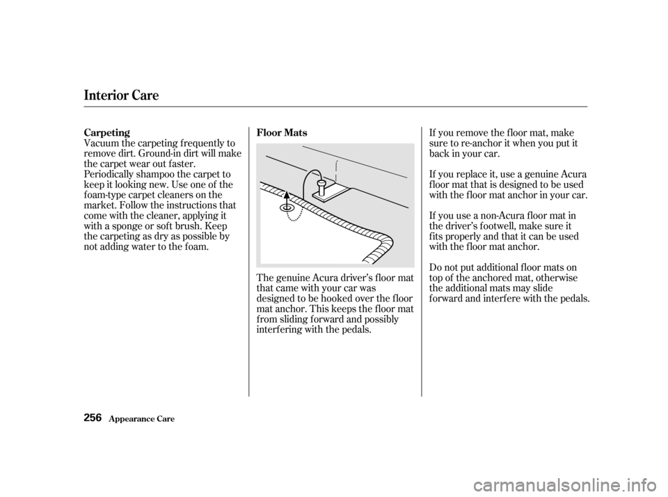 Acura RSX 2002  Owners Manual Vacuum the carpeting f requently to
remove dirt. Ground-in dirt will make
the carpet wear out f aster.
Periodically shampoo the carpet to
keep it looking new. Use one of the
foam-type carpet cleaners 