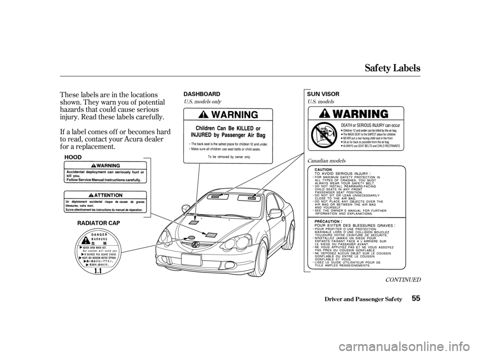 Acura RSX 2002  Owners Manual These labels are in the locations
shown. They warn you of potential
hazards that could cause serious
injury. Read these labels caref ully.
If a label comes of f or becomes hard
to read, contact your A