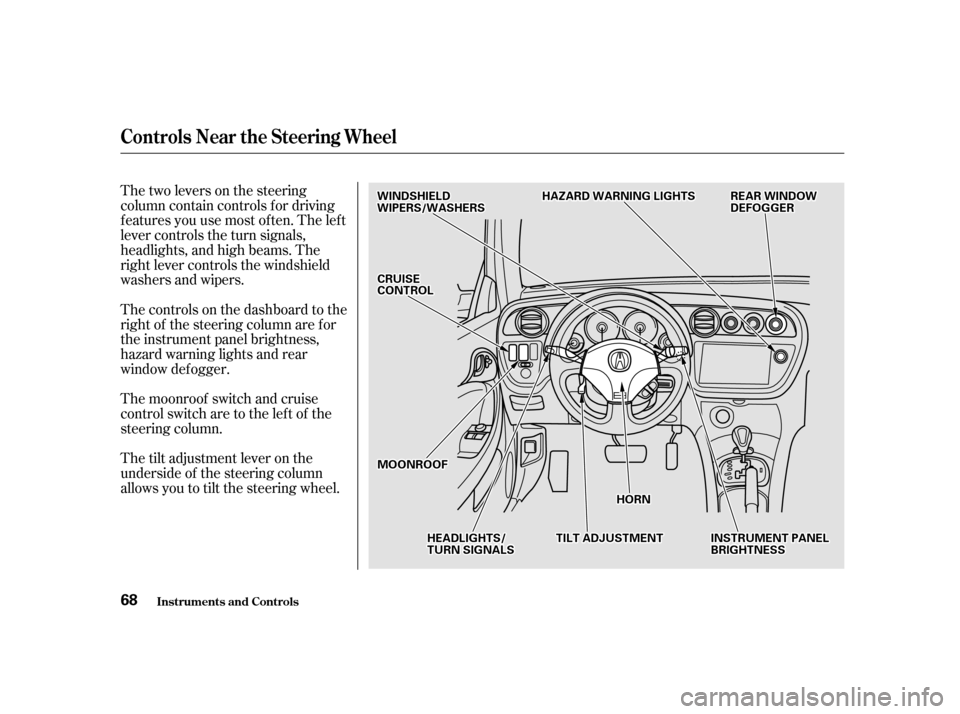 Acura RSX 2002  Owners Manual Thetwoleversonthesteering
column contain controls f or driving
f eatures you use most of ten. The lef t
lever controls the turn signals,
headlights, and high beams. The
right lever controls the windsh