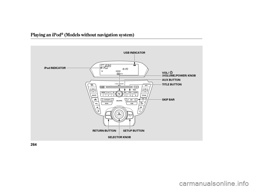 Acura TL 2014  Owners Manual Playing an iPod(Models without navigation system)
264
SKIP BAR
VOL/
(VOLUME/POWER) KNOB
SELECTOR KNOB TITLE BUTTON AUX BUTTON
iPod INDICATOR
SETUP BUTTON
RETURN BUTTON USB INDICATOR
12/07/20 11:03:19 