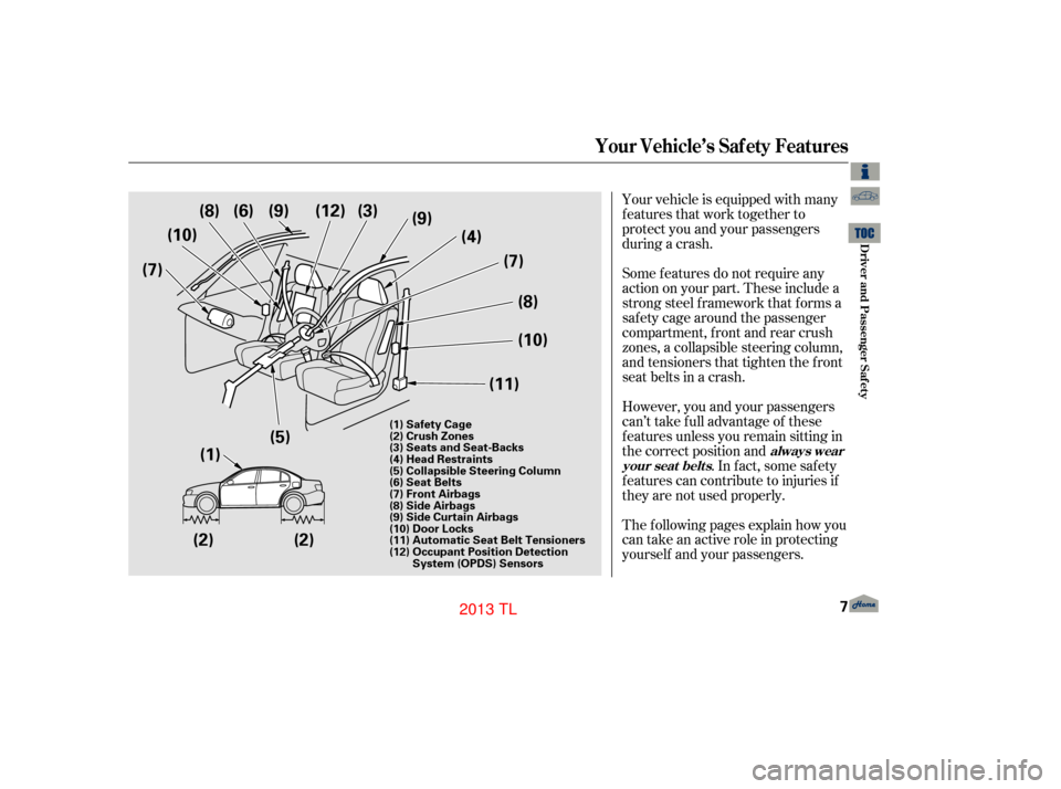 Acura TL 2013  Owners Manual Your vehicle is equipped with many
features that work together to
protect you and your passengers
during a crash.
The f ollowing pages explain how you
cantakeanactiveroleinprotecting
yourself and your