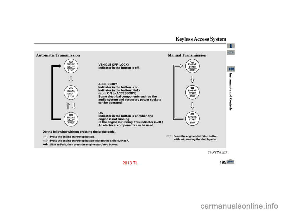 Acura TL 2013 Service Manual CONT INUED
K eyless A ccess System
Inst rument s and Cont rols
Automatic TransmissionManual Transmission
185
: Press the engine start/stop button.
: Press the engine start/stop button without the shif