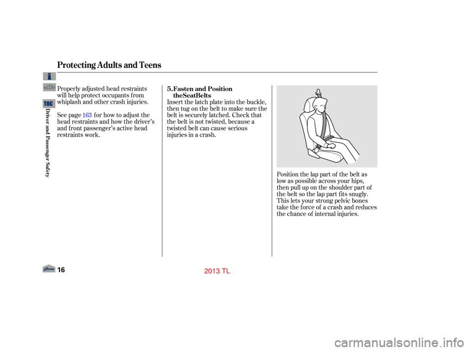 Acura TL 2013 User Guide Properly adjusted head restraints
will help protect occupants f rom
whiplash and other crash injuries.
See page f or how to adjust the
head restraints and how the driver’s
and f ront passenger’s a