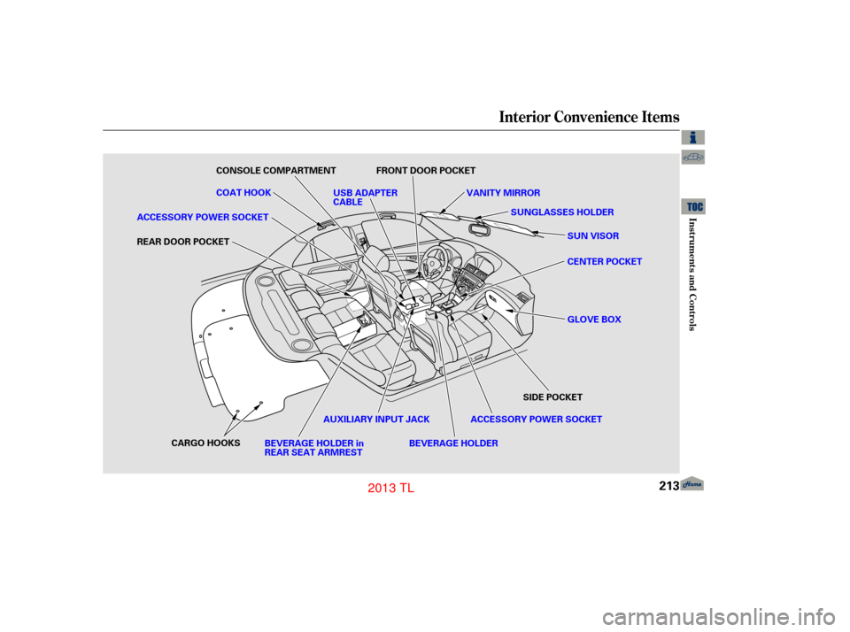Acura TL 2013  Owners Manual Interior Convenience Items
Inst rument s and Cont rols
213
SIDE POCKET
CARGO HOOKS AUXILIARY INPUT JACK
BEVERAGE HOLDER in
REAR SEAT ARMREST ACCESSORY POWER SOCKET
USB ADAPTER
CABLE
SUN VISOR
CENTER P