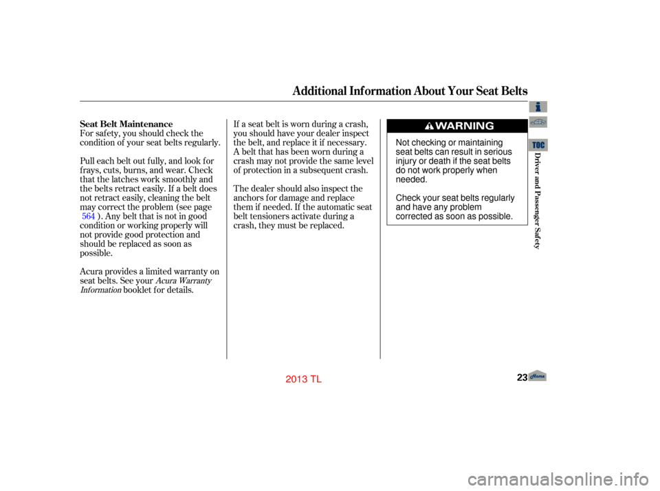 Acura TL 2013  Owners Manual For saf ety, you should check the
condition of your seat belts regularly.If a seat belt is worn during a crash,
you should have your dealer inspect
the belt, and replace it if necessary.
A belt that h