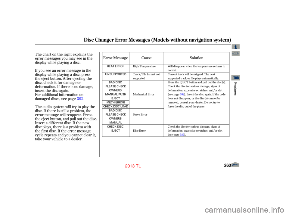 Acura TL 2013 Service Manual Thechartontherightexplainsthe
error messages you may see in the
display while playing a disc.
If you see an error message in the
display while playing a disc, press
the eject button. After ejecting th