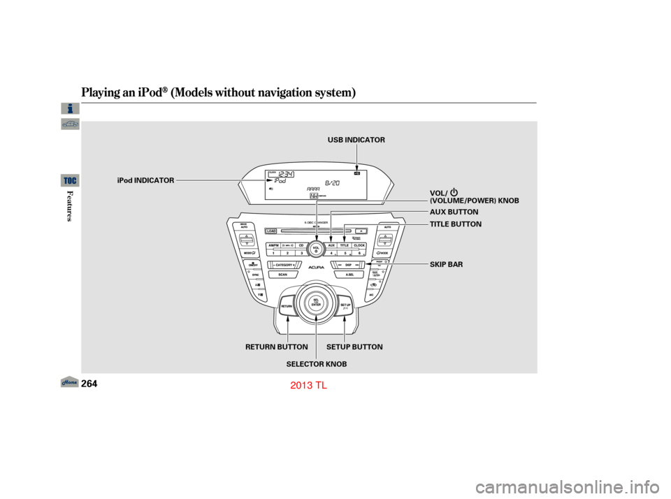 Acura TL 2013  Owners Manual Playing an iPod(Models without navigation system)
264
SKIP BAR
VOL/
(VOLUME/POWER) KNOB
SELECTOR KNOB TITLE BUTTON AUX BUTTON
iPod INDICATOR
SETUP BUTTON
RETURN BUTTON USB INDICATOR
12/07/20 11:03:19 