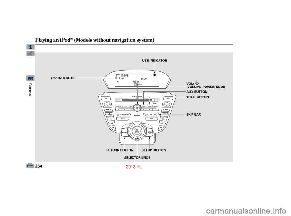 Acura TL 2013 Service Manual Playing an iPod(Models without navigation system)
264
SKIP BAR
VOL/
(VOLUME/POWER) KNOB
SELECTOR KNOB TITLE BUTTON AUX BUTTON
iPod INDICATOR
SETUP BUTTON
RETURN BUTTON USB INDICATOR
12/07/20 11:03:19 