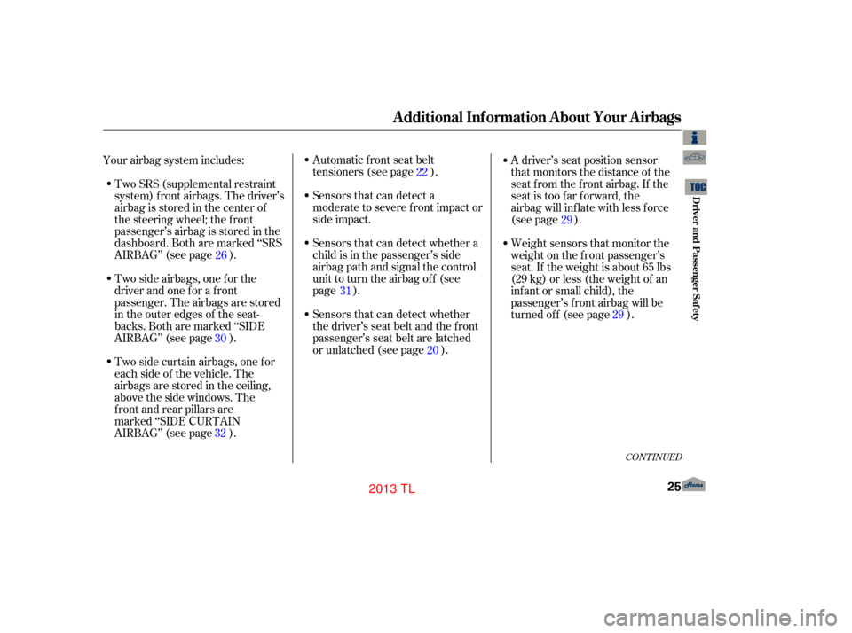 Acura TL 2013 Owners Guide Automatic front seat belt
tensioners (see page ).
Sensors that can detect a
moderate to severe front impact or
side impact.
Sensors that can detect whether a
child is in the passenger’s side
airbag 