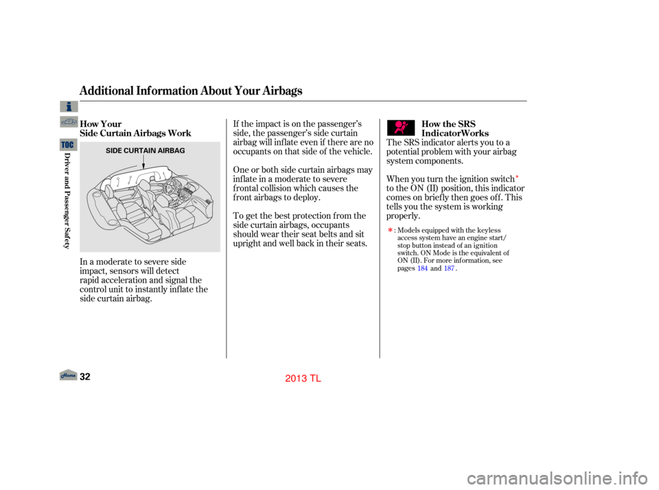 Acura TL 2013 Owners Guide Î
If the impact is on the passenger’s
side, the passenger’s side curtain
airbag will inflate even if there are no
occupants on that side of the vehicle.
One or both side curtain airbags may
infl