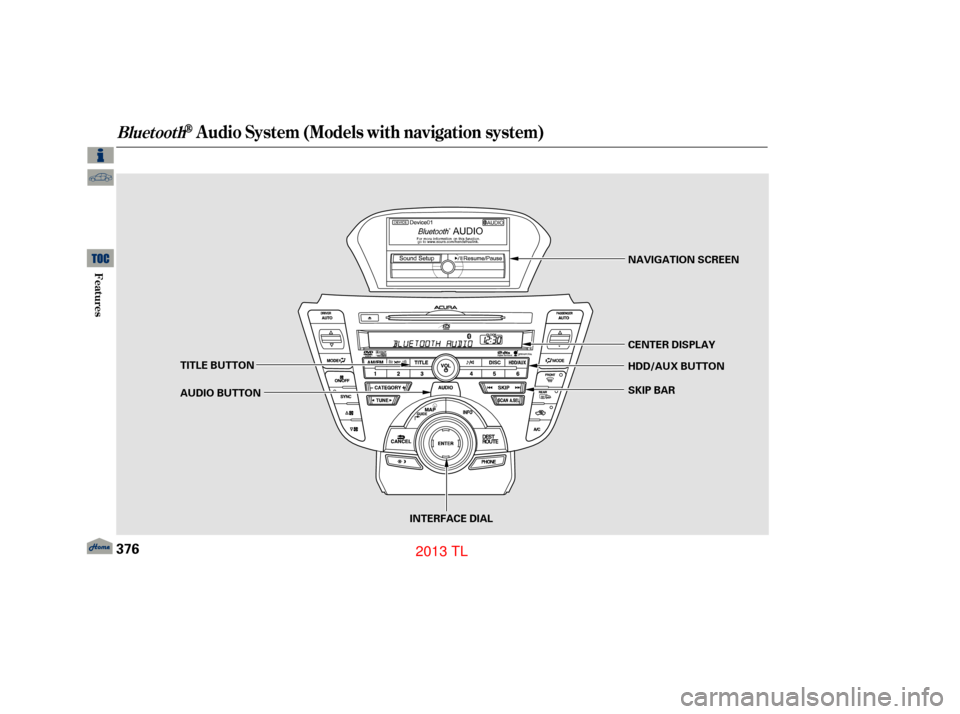 Acura TL 2013 User Guide BluetoothAudio System (Models with navigation system)
376
INTERFACE DIAL
AUDIO BUTTON TITLE BUTTON
SKIP BAR HDD/AUX BUTTON CENTER DISPLAY NAVIGATION SCREEN
12/07/20 11:18:12 31TK4640_381
Features
2013