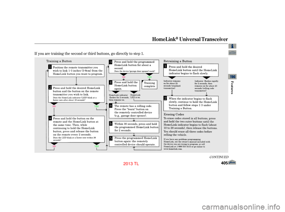 Acura TL 2013  Owners Manual If you are training the second or third buttons, go directly to step 1.
CONT INUED
HomeL inkUniversal Transceiver
Features
405
12/07/20 11:21:57 31TK4640_410
2013  TL  