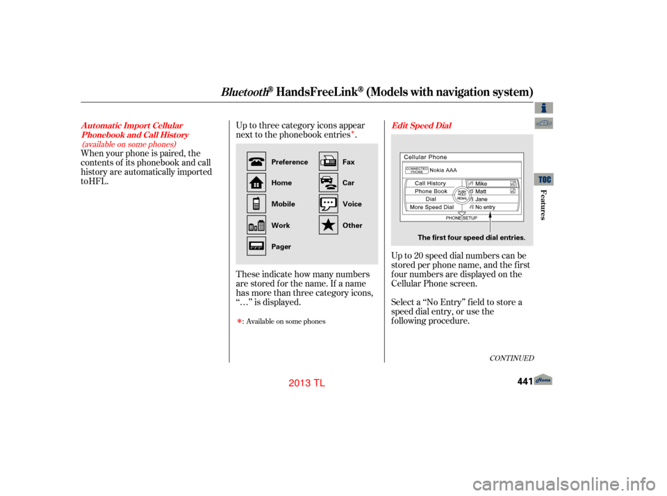 Acura TL 2013 Workshop Manual Î
Î
Up to three category icons appear
next to the phonebook entries .
These indicate how many numbers
are stored for the name. If a name
has more than three category icons,
‘‘…’’ is disp