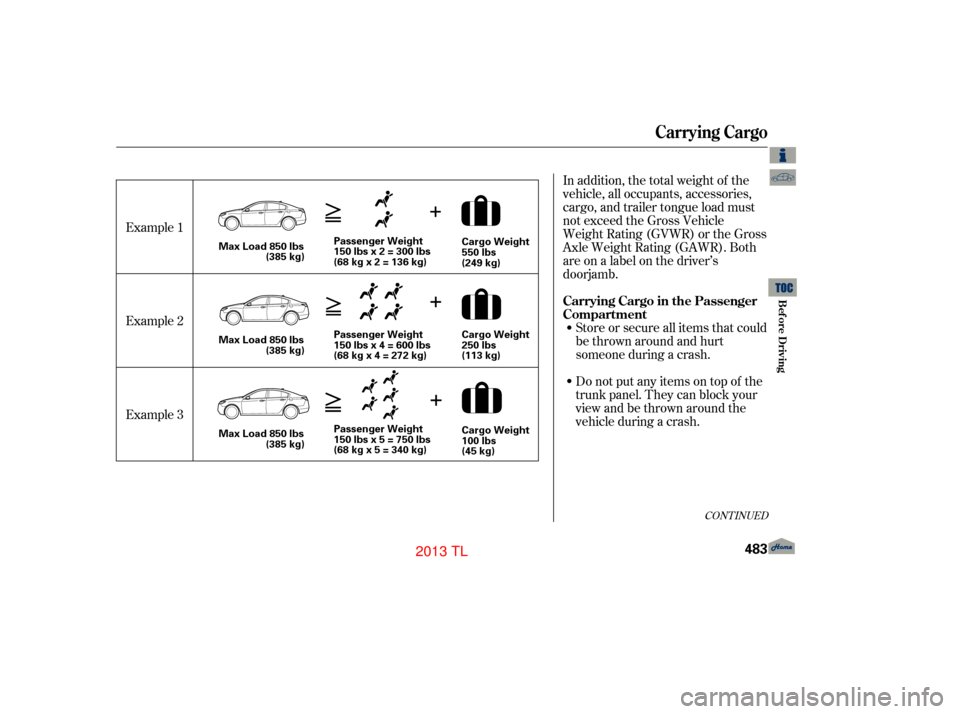 Acura TL 2013  Owners Manual In addition, the total weight of the
vehicle, all occupants, accessories,
cargo, and trailer tongue load must
not exceed the Gross Vehicle
Weight Rating (GVWR) or the Gross
Axle Weight Rating (GAWR). 