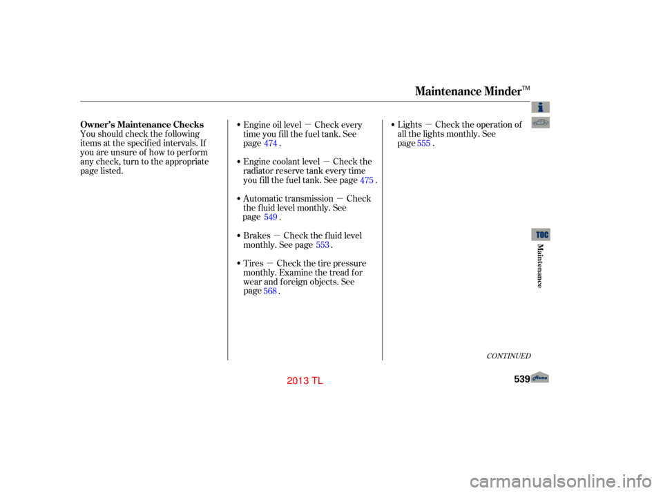 Acura TL 2013 Owners Guide µ
µ
µµ
µ
µ
Youshouldcheckthefollowing
items at the specif ied intervals. If
you are unsure of how to perf orm
any check, turn to the appropriate
page listed.
Lights Check the operation of
