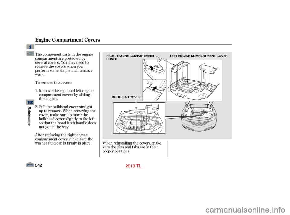 Acura TL 2013  Owners Manual The component parts in the engine
compartment are protected by
several covers. You may need to
remove the covers when you
perf orm some simple maintenance
work.When reinstalling the covers, make
sure 