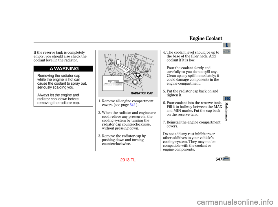 Acura TL 2013 Service Manual The coolant level should be up to
the base of the f iller neck. Add
coolant if it is low.
Remove all engine compartment
covers (see page ).
When the radiator and engine are
cool, relieve any pressure 