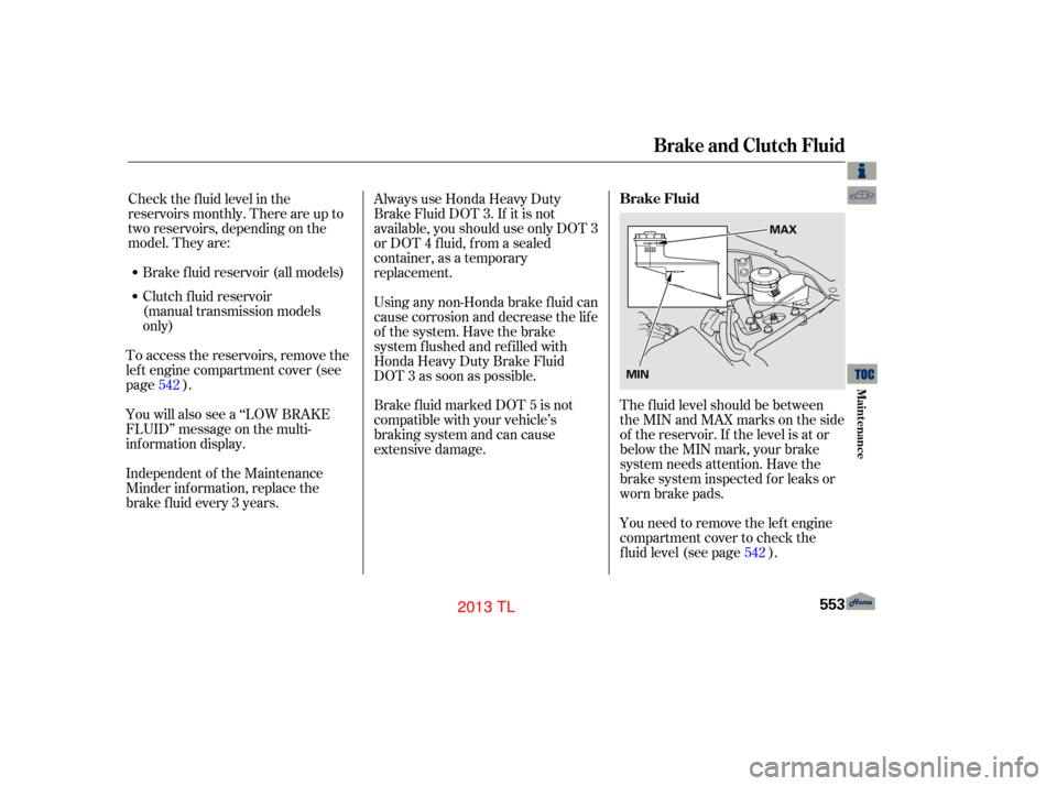 Acura TL 2013  Owners Manual The f luid level should be between
theMINandMAXmarksontheside
of the reservoir. If the level is at or
below the MIN mark, your brake
system needs attention. Have the
brake system inspected f or leaks 