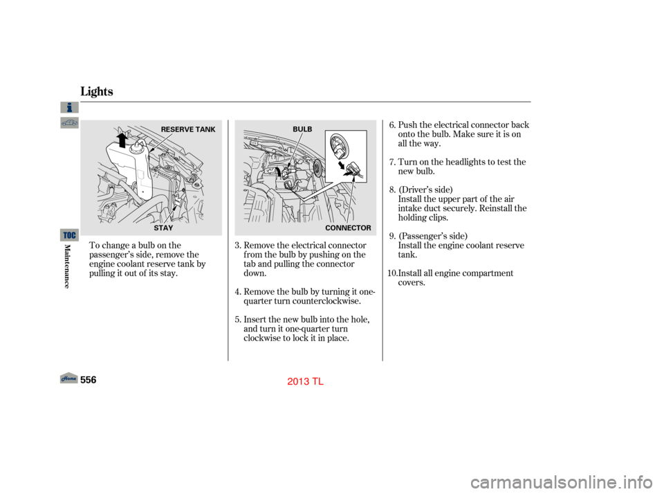 Acura TL 2013  Owners Manual Push the electrical connector back
onto the bulb. Make sure it is on
all the way.
Remove the electrical connector
from the bulb by pushing on the
tab and pulling the connector
down.
Remove the bulb by
