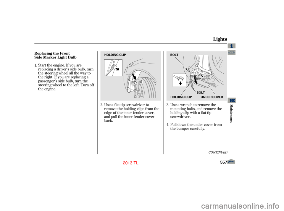 Acura TL 2013  Owners Manual Start the engine. If you are
replacing a driver’s side bulb, turn
the steering wheel all the way to
theright.If youarereplacinga
passenger’s side bulb, turn the
steering wheel to the lef t. Turn o