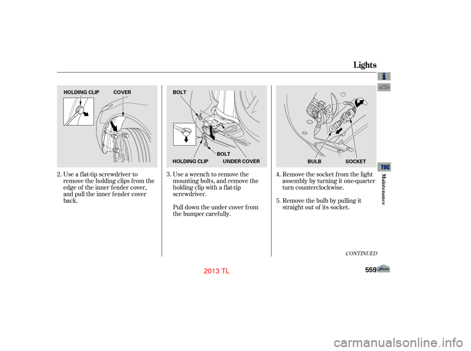 Acura TL 2013  Owners Manual Remove the socket f rom the light
assembly by turning it one-quarter
turn counterclockwise.
Use a wrench to remove the
mounting bolts, and remove the
holding clip with a f lat-tip
screwdriver.
Pull do