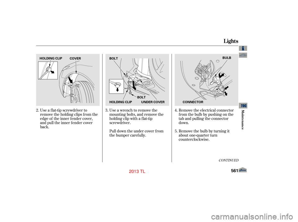 Acura TL 2013  Owners Manual Remove the electrical connector
f rom the bulb by pushing on the
tab and pulling the connector
down.
Remove the bulb by turning it
about one-quarter turn
counterclockwise.
Use a wrench to remove the
m