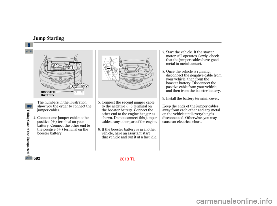 Acura TL 2013  Owners Manual ´´ µStart the vehicle. If the starter
motor still operates slowly, check
that the jumper cables have good
metal-to-metal contact.
If the booster battery is in another
vehicle, have an assistant 