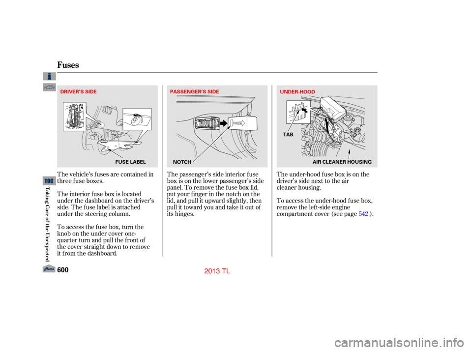 Acura TL 2013  Owners Manual The vehicle’s f uses are contained in
threefuseboxes.
The interior f use box is located
under the dashboard on the driver’s
side. The f use label is attached
under the steering column.The passenge