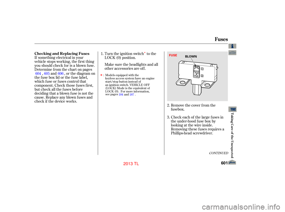 Acura TL 2013 Workshop Manual Î
If something electrical in your
vehicle stops working, the first thing
youshouldcheckforisablownfuse.
Determine f rom the chart on pages, and , or the diagram on
thefuseboxlidorthefuselabel,
which