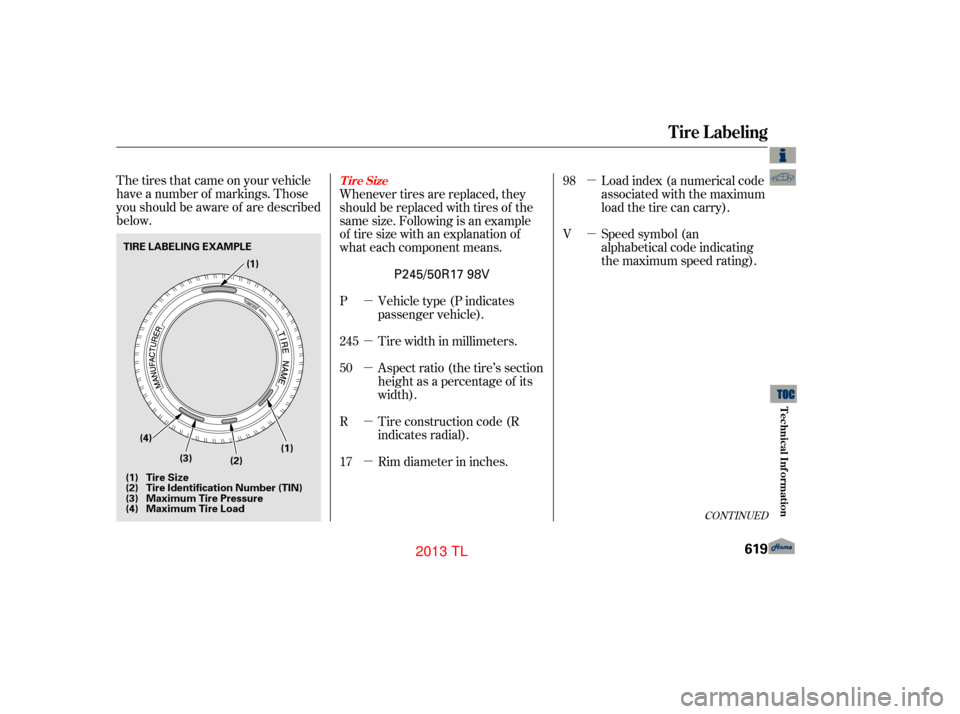 Acura TL 2013  Owners Manual µ
µ
µ
µ
µ
µ µ
The tires that came on your vehicle
have a number of markings. Those
you should be aware of are described
below.
Vehicletype(Pindicates
passenger vehicle).
Tire width in mi