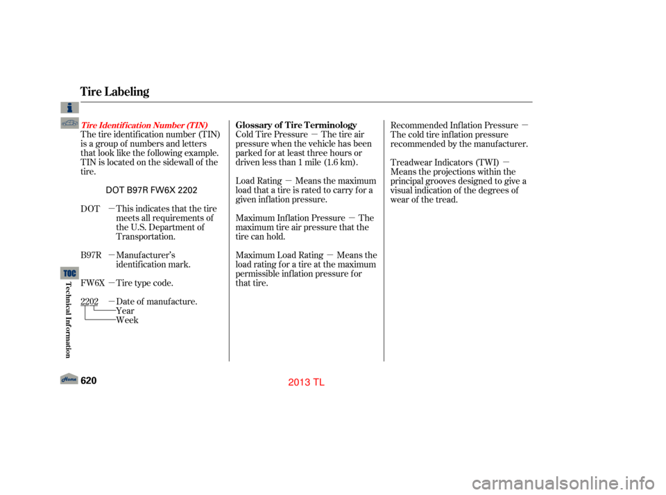 Acura TL 2013  Owners Manual µ
µ µ
µ µ
µ
µ µ
µ
µ
The tire identif ication number (TIN)
is a group of numbers and letters
that look like the f ollowing example.
TIN is located on the sidewall of the
tire.
Manuf