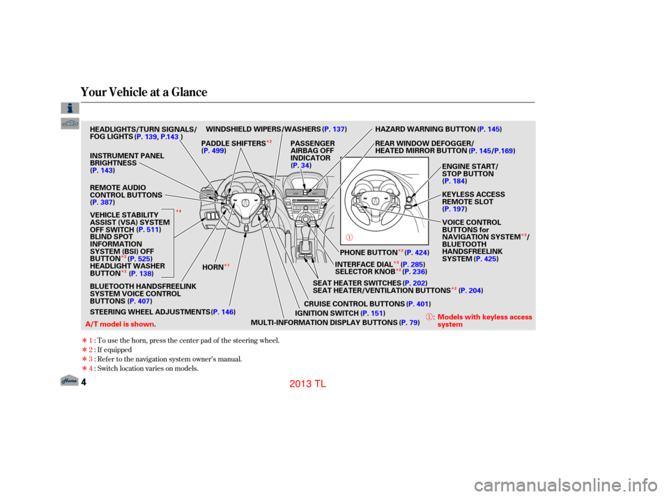 Acura TL 2013  Owners Manual ÎÎ
Î
ÎÎ Î
Î
Î ÎÎ
Î
Î
Î
ÎTo use the horn, press the center pad of the steering wheel.
Ref er to the navigation system owner’s manual. If equipped
1:
2:
3:
4
: Switch locat