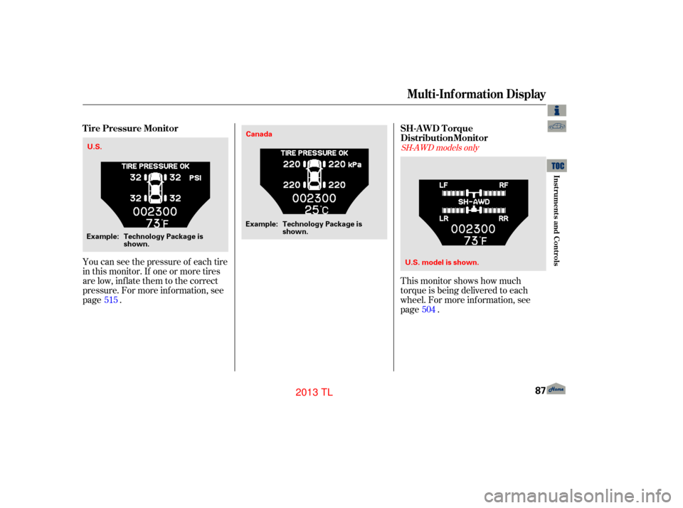 Acura TL 2013  Owners Manual You can see the pressure of each tire
in this monitor. If one or more tires
are low, inflate them to the correct
pressure. For more inf ormation, see
page .This monitor shows how much
torque is being 