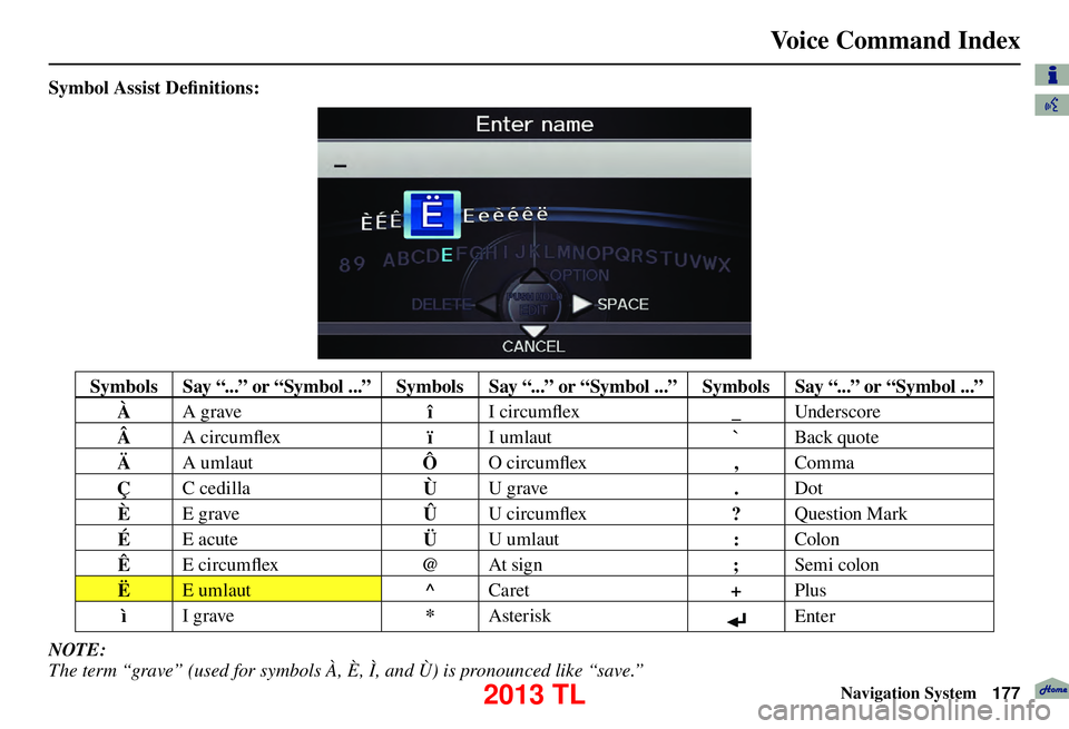 Acura TL 2013 Navigation Manual Voice Command Index
Navigation System177
Symbol Assist Defi nitions:
Symbols Say “...” or “Symbol ...” Symbols Say “...” or “Symbol ...” Symbols Say “...” or “Symbol ...”
À Acura TL 2013 Navigation Manual Voice Command Index
Navigation System177
Symbol Assist Defi nitions:
Symbols Say “...” or “Symbol ...” Symbols Say “...” or “Symbol ...” Symbols Say “...” or “Symbol ...”
À