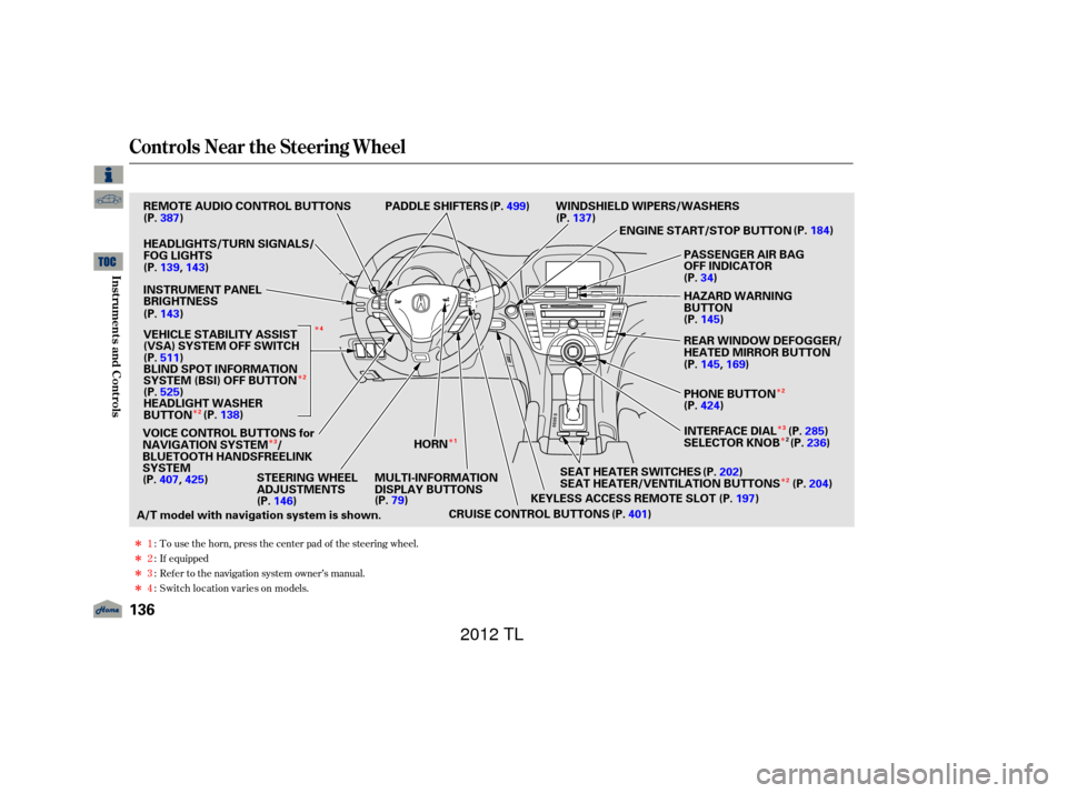 Acura TL 2012  Owners Manual Î
Î
Î
Î
Î
Î
Î
Î
Î Î
Î Î
Î
To use the horn, press the center pad of the steering wheel.
If equipped
Ref er to the navigation system owner’s manual.
1
:
2 :
3 :
4 : S witch l