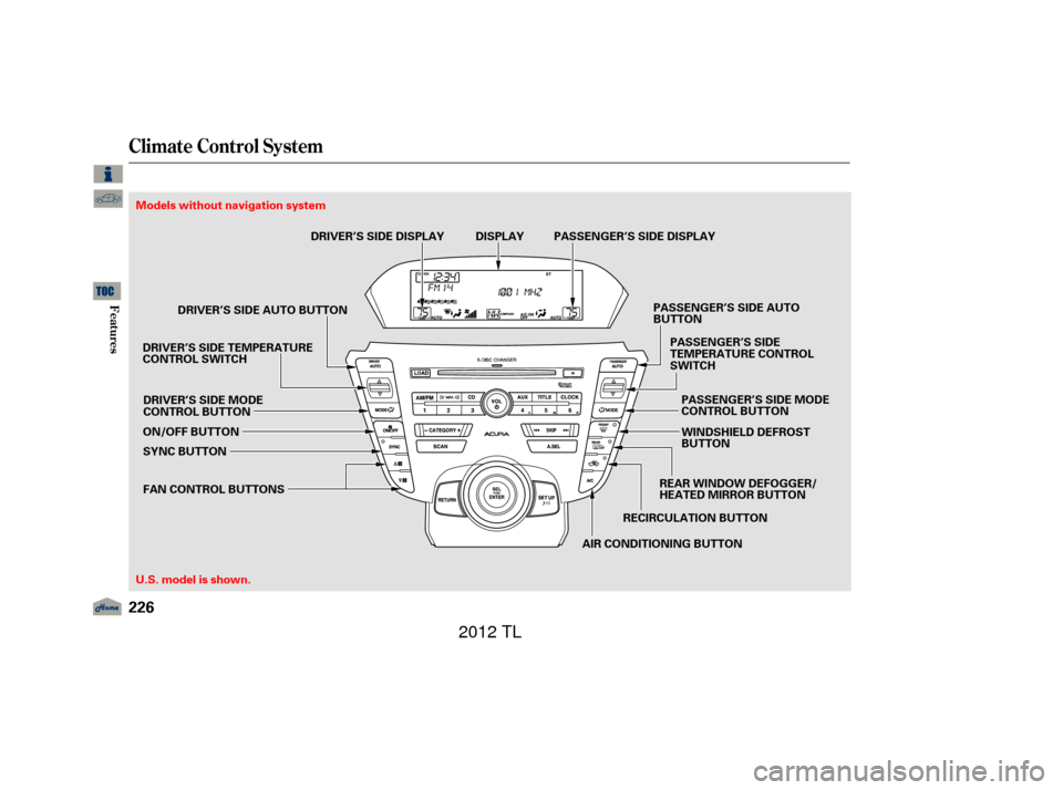 Acura TL 2012  Owners Manual Climate Control System
226
AIR CONDITIONING BUTTONRECIRCULATION BUTTONREAR WINDOW DEFOGGER/
HEATED MIRROR BUTTONPASSENGER’S SIDE MODE
CONTROL BUTTON
WINDSHIELD DEFROST
BUTTON
ON/OFF BUTTON
SYNC BUTT