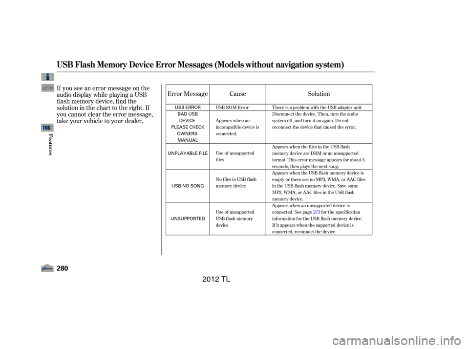 Acura TL 2012  Owners Manual If you see an error message on the
audio display while playing a USB
f lash memory device, f ind the
solution in the chart to the right. If
you cannot clear the error message,
take your vehicle to you