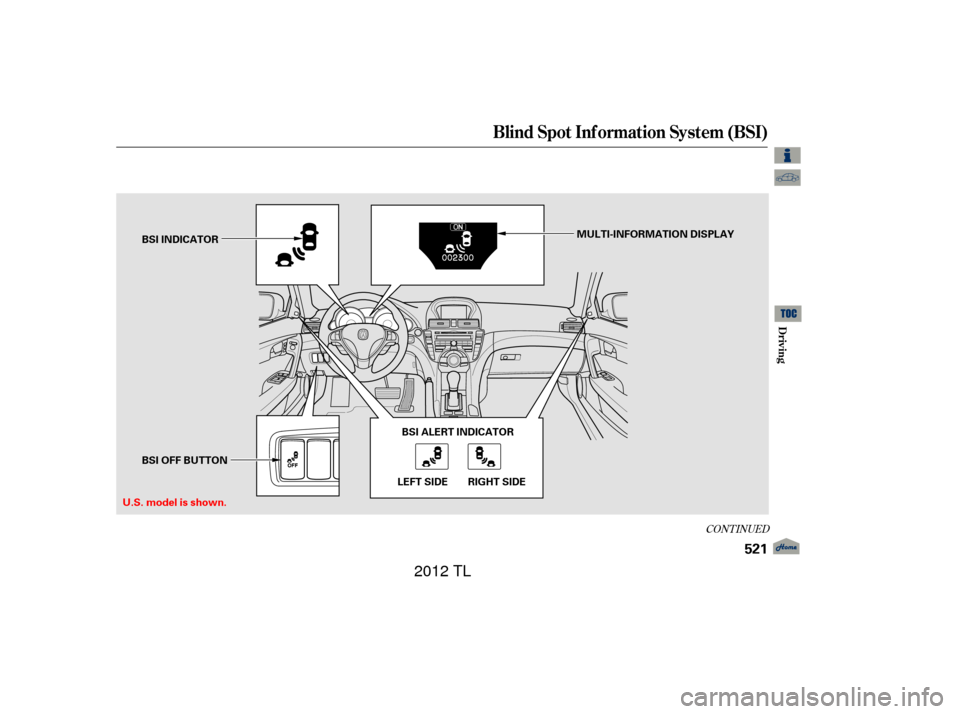 Acura TL 2012  Owners Manual CONT INUED
Blind Spot Inf ormation System (BSI)
Driving
521
BSI INDICATOR
BSI OFF BUTTONMULTI-INFORMATION DISPLAY
BSI ALERT INDICATOR
LEFT SIDE RIGHT SIDE
U.S. model is shown.
11/01/14 19:25:35 31TK46