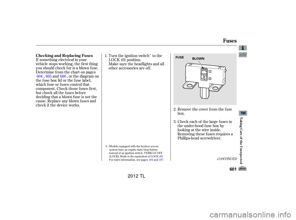 Acura TL 2012  Owners Manual Î
If something electrical in your
vehicle stops working, the first thing
youshouldcheckforisablownfuse.
Determine f rom the chart on pages, and , or the diagram on
thefuseboxlidorthefuselabel,
which