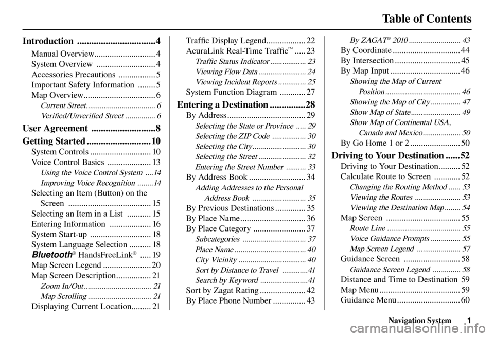 Acura TL 2012  Navigation Manual Table of Contents
 Navigation System 
1
Introduction  .................................4
Manual Overview............................ 4
System Overview  ........................... 4
Accessories Precau