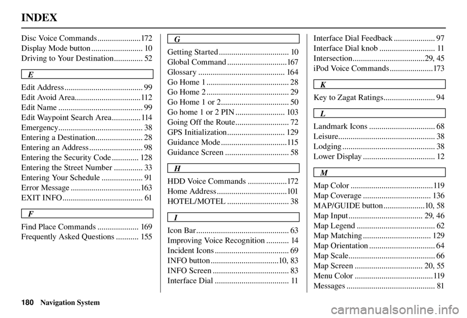 Acura TL 2012  Navigation Manual INDEX
180 Navigation System
Disc Voice Commands .....................172
Display Mode button ......................... 10
Driving to Your Destination .............. 52
E
Edit Address .................