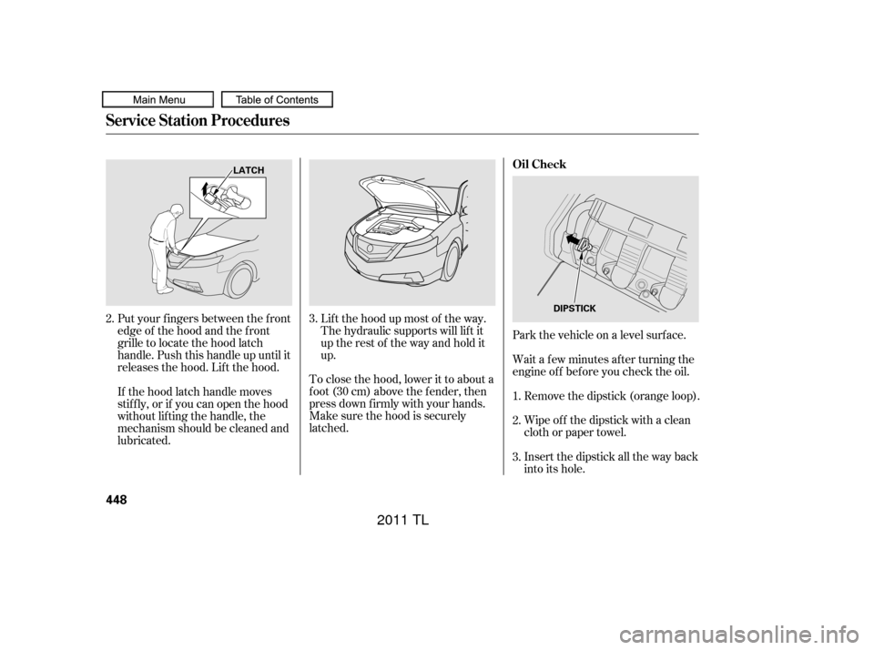 Acura TL 2011  Owners Manual Park the vehicle on a level surf ace.Insert the dipstick all the way back
into its hole. Wipe of f the dipstick with a clean
cloth or paper towel. Remove the dipstick (orange loop).
Wait a f ew minute