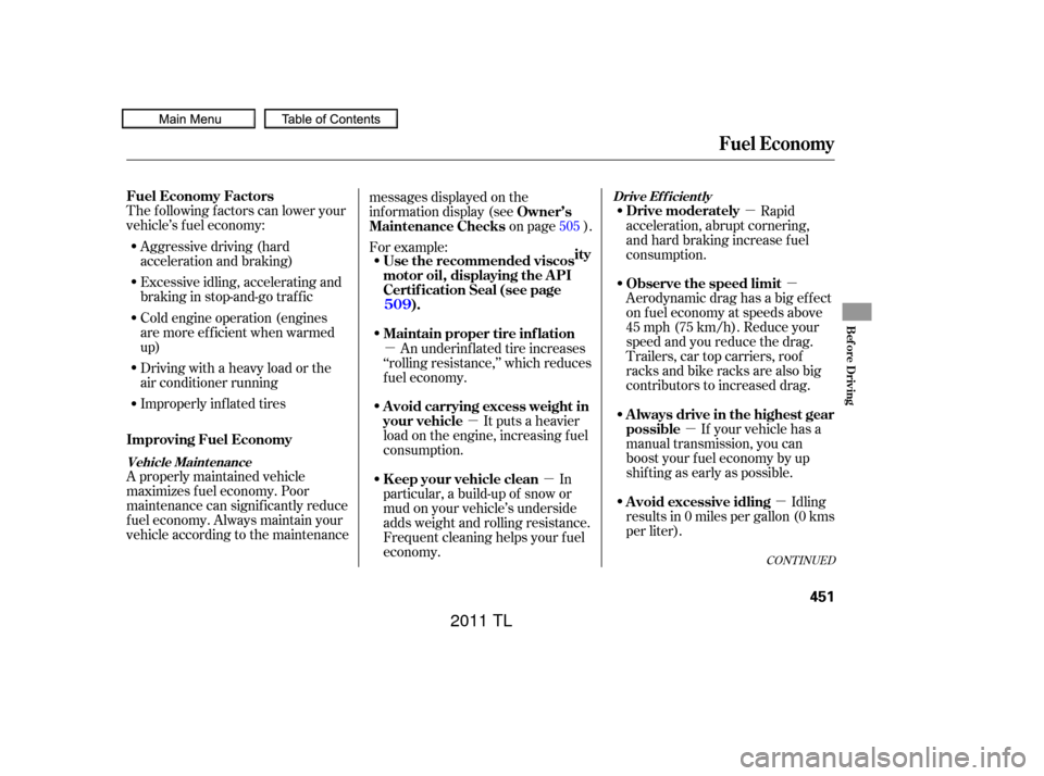 Acura TL 2011  Owners Manual µµ
µ µ
µ
µ
µ
Aggressive driving (hard
acceleration and braking)
Excessive idling, accelerating and
braking in stop-and-go traf f ic
Cold engine operation (engines
aremoreefficientwhenwar