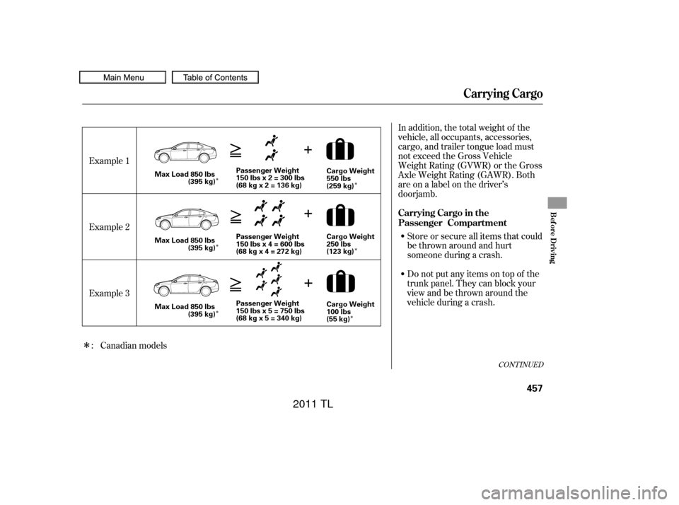 Acura TL 2011  Owners Manual Î
Î
ÎÎ
Î
Î
Î In addition, the total weight of the
vehicle, all occupants, accessories,
cargo, and trailer tongue load must
not exceed the Gross Vehicle
Weight Rating (GVWR) or the Gross

