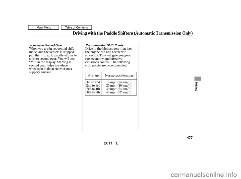 Acura TL 2011 Manual PDF ´
When you are in sequential shif t
mode, and the vehicle is stopped,
pull the (right) paddle shifter to
shif t to second gear. You will see
‘‘M2’’ in the display. Starting in
second gear he