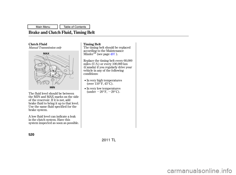 Acura TL 2011  Owners Manual µµ
Manual Transmission only
The f luid level should be between
theMINandMAXmarksontheside
of the reservoir. If it is not, add
brake f luid to bring it up to that level.
Use the same fluid specifie