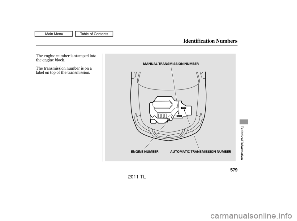 Acura TL 2011  Owners Manual The transmission number is on a
label on top of the transmission. The engine number is stamped into
the engine block.
Identif ication Numbers
Technical Inf ormation
579
MANUAL TRANSMISSION NUMBER
ENGI