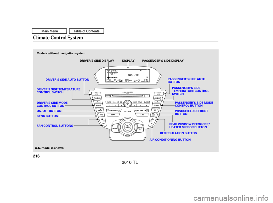 Acura TL 2010 User Guide Climate Control System
216
AIR CONDITIONING BUTTONRECIRCULATION BUTTONREAR WINDOW DEFOGGER/
HEATED MIRROR BUTTONPASSENGER’S SIDE MODE
CONTROL BUTTON
WINDSHIELD DEFROST
BUTTON
ON/OFF BUTTON
SYNC BUTT