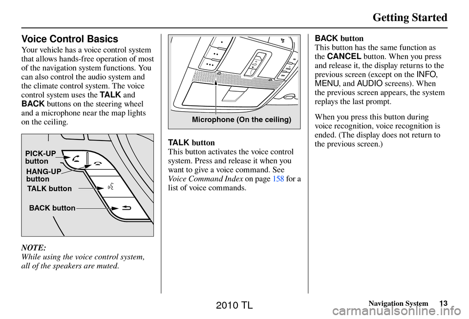 Acura TL 2010  Navigation Manual Getting Started 
Navigation System13
 
Voice Control Basics 
Your vehicle has a voice control system 
that allows hands-free operation of most 
of the navigation system functions. You 
can also contro